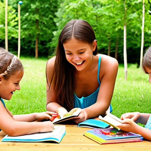 **Children's Education Activities**: Create an image of a vibrant summer camp scene where children are engaged in various educational activities, such as reading books, participating in arts and crafts, and enjoying outdoor games. The atmosphere should be joyful and lively, showcasing children learning and playing together.