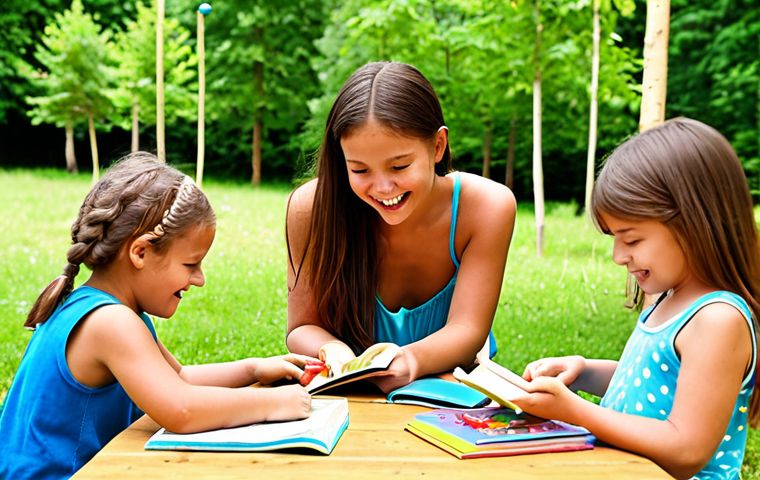 **Children's Education Activities**: Create an image of a vibrant summer camp scene where children are engaged in various educational activities, such as reading books, participating in arts and crafts, and enjoying outdoor games. The atmosphere should be joyful and lively, showcasing children learning and playing together.